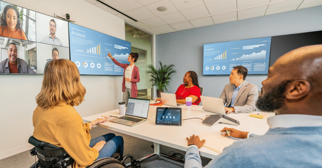 Soluções de colaboração corporativa: Três executivos participam de uma reunião de trabalho em videoconferência, com a barra de vídeo Poly Studio V12 instalada.