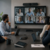 Executivos participando de uma reunião híbrida em sala equipada com sistema profissional de videoconferência