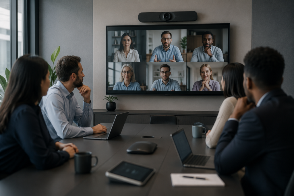 Executivos participando de uma reunião híbrida em sala equipada com sistema profissional de videoconferência